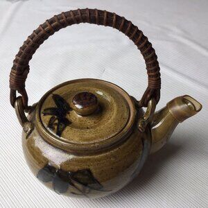 Otagiri Glazed Teapot Hawaiian Tiki Palm Tree Boat Beach Rattan Handle Japan Vtg